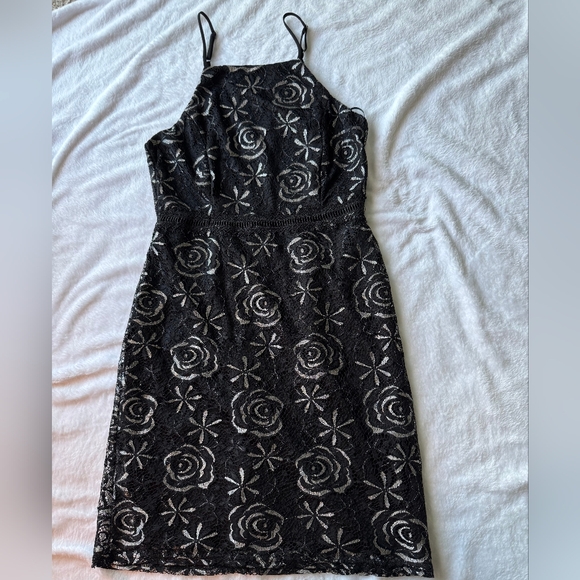 Francesca's Rose Floral Lace Mini Dress Black - Picture 1 of 6